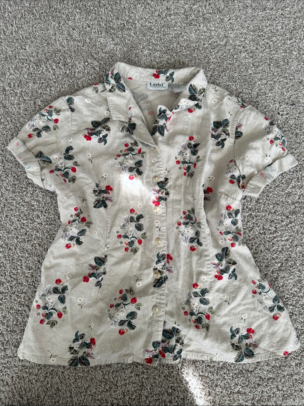 Vintage linen blend strawberry print shirt